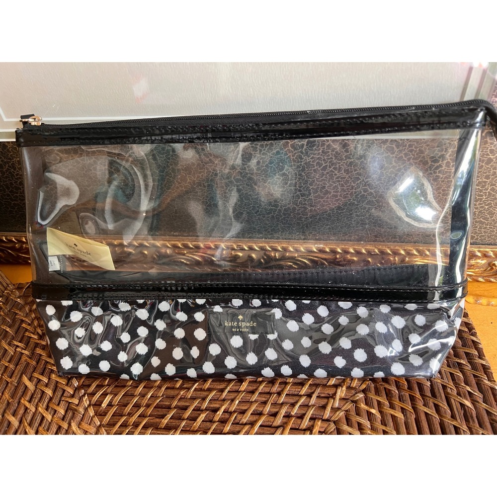 Kate Spade New York Clear Polka Dot Cosmetic Makeup Bag Travel Pouch Black White